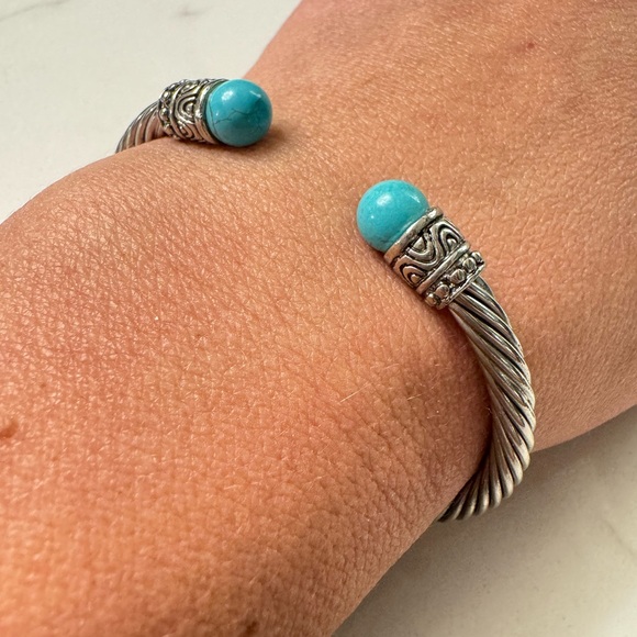 Silver Cable Bracelet with Faux Turquoise - Adjustable Silver Tone Cable Cuff - Picture 2 of 13